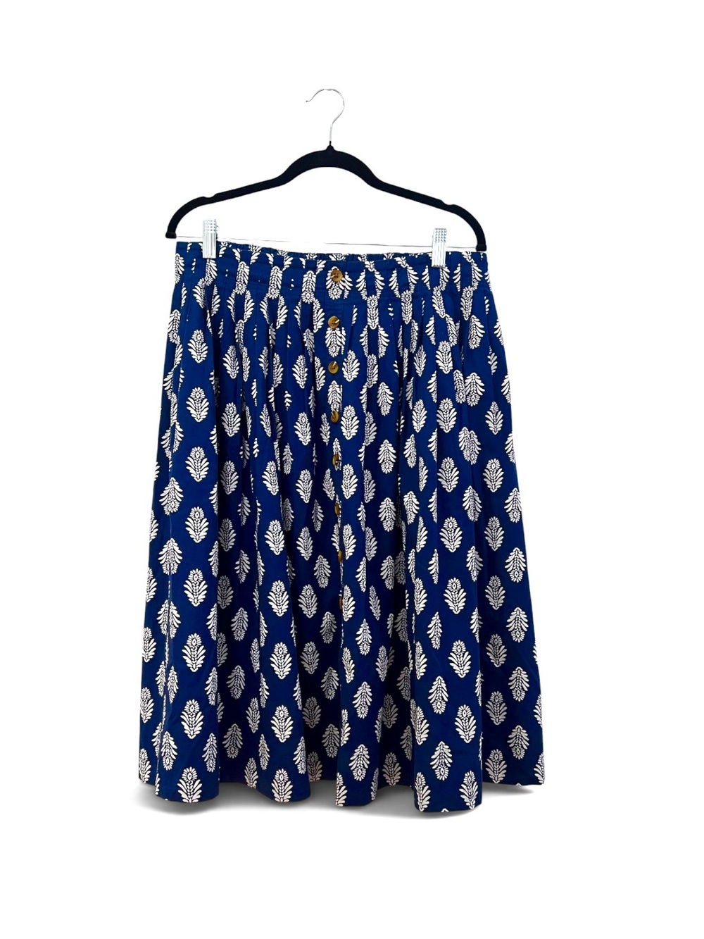J. Crew Navy Blue White Botanical Block Print Cotton Midi Skirt M